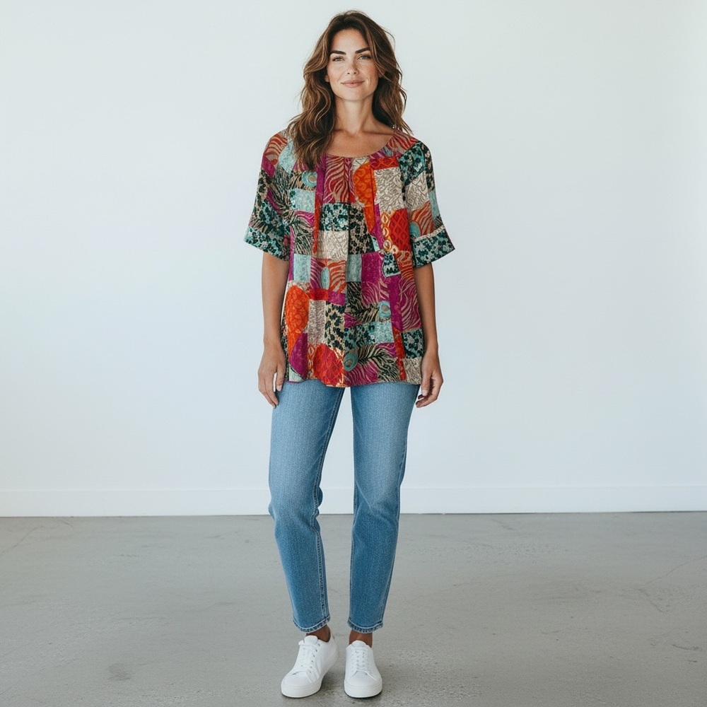 Lilly Pulitzer Keating 100% SILK Patchwork Block Print Pleated Neck Size 2